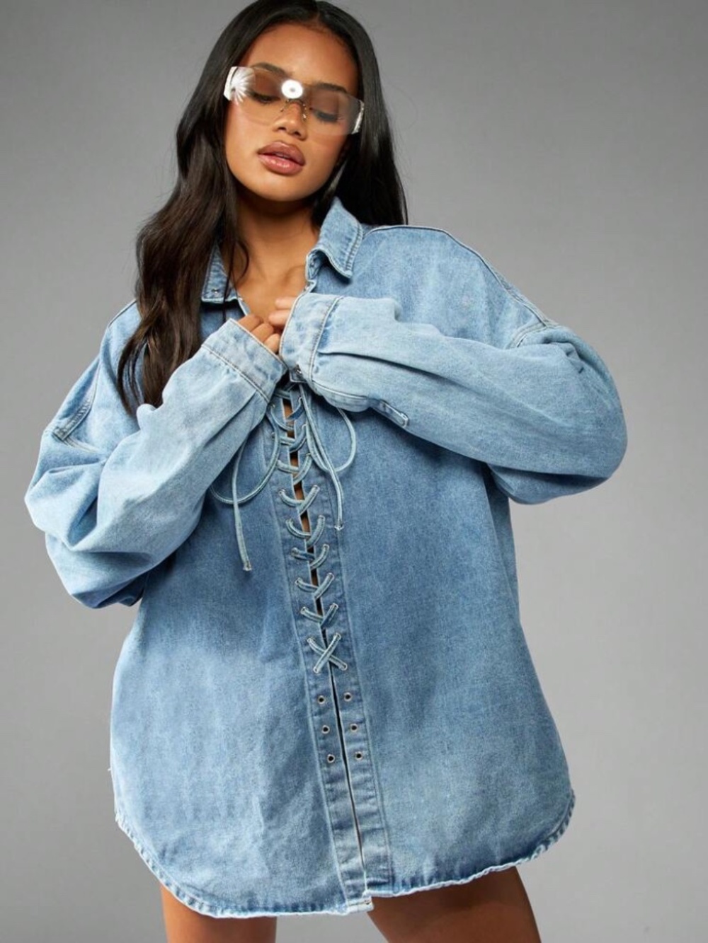 MISSGUIDED Oversized Denim Shirt With Lace Up Front Detail Western
